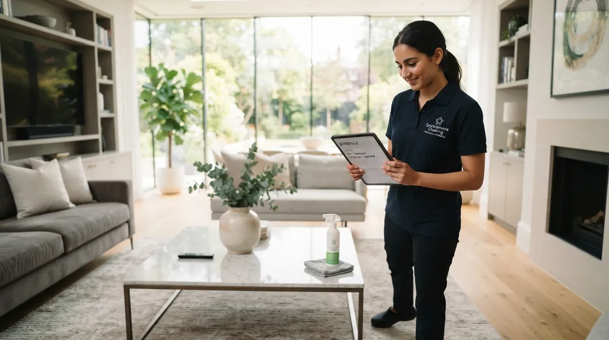 A professional cleaner in a bright, modern living room checking a tablet